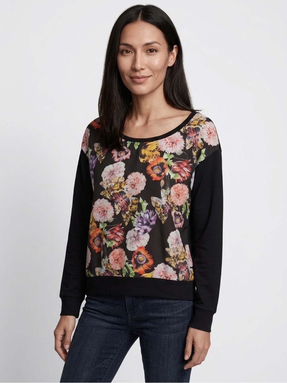 Boston Proper Black Floral Panel Crewneck Sweater